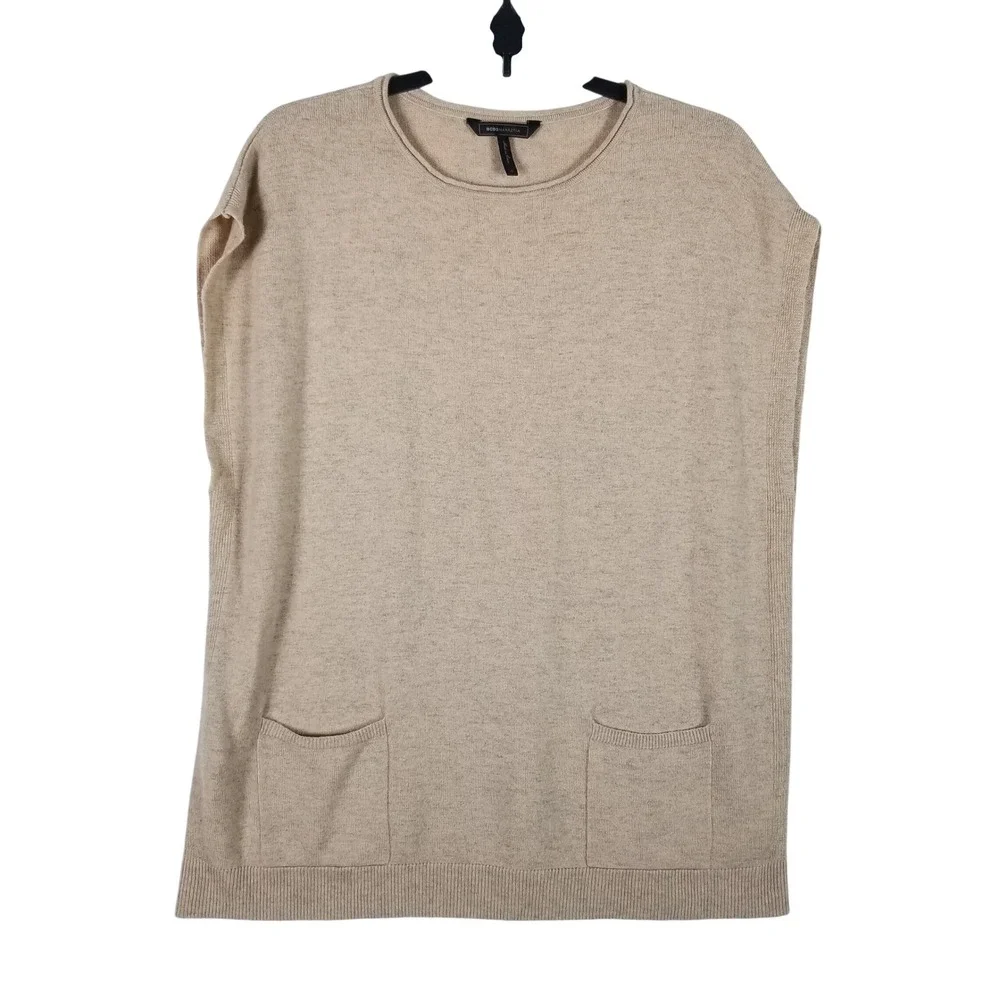 BCBGMAXAZRIA Sweater Vest Women Medium Camel Lambswool Cap Sleeve Pockets